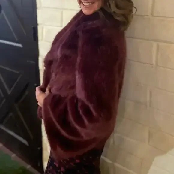 Unreal Fur Burgundy Faux Fur Jacket LARGE Formal Glam Teddy Coat Designer $339